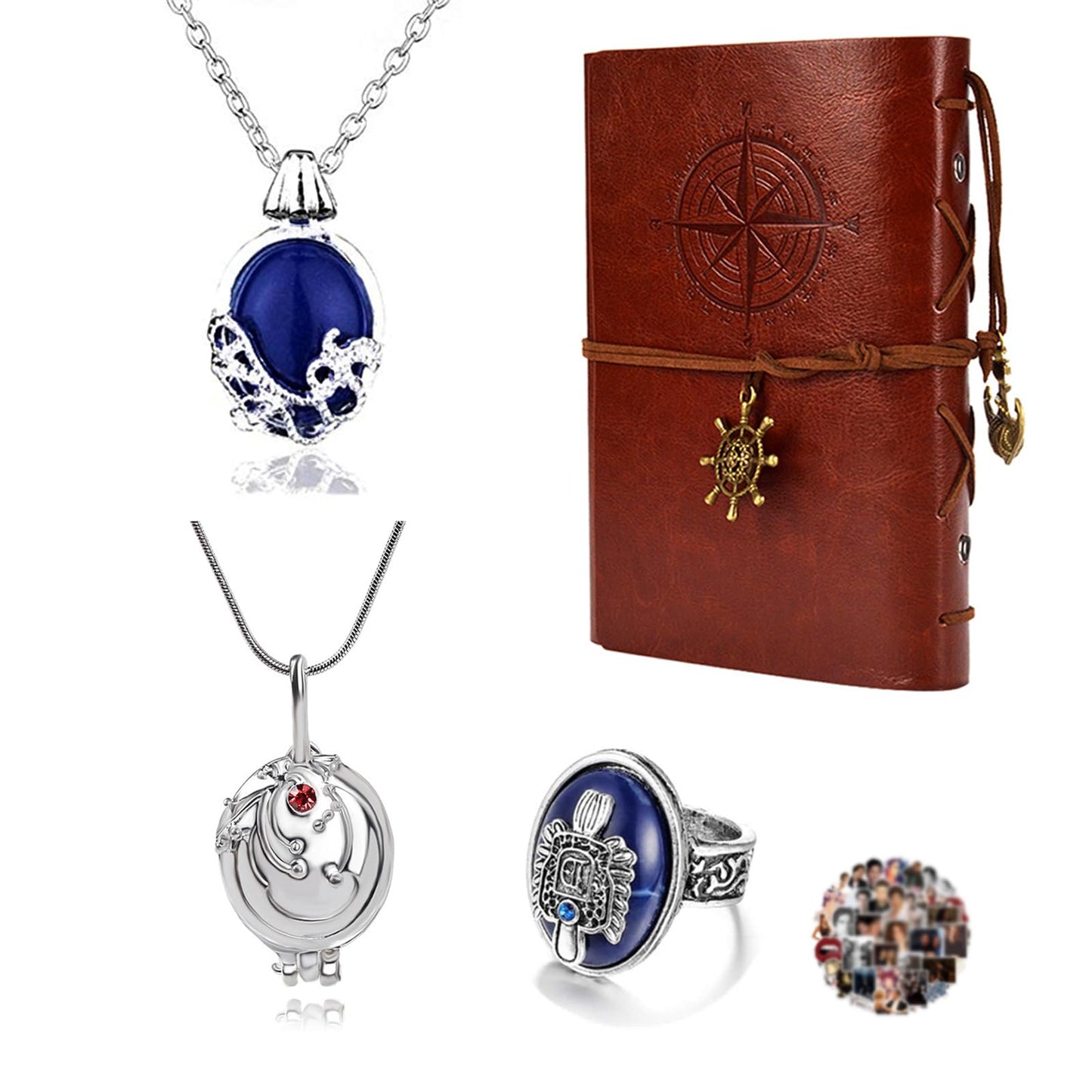 UoYu 24 pcs The Vampire D.rs Jewelry Set Vintage Leather Writing Journal Notebook Daywalking Katherine Sapphire Crystal Pendant Necklaces Family Crest Ring Movie Stickers