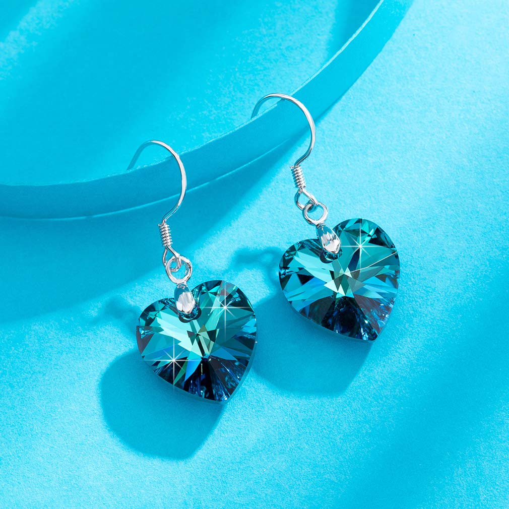 Austrian Crystal Heart Drop Dangle Earrings for Women 925 Sterling Silver Hook Hypoallergenic Earring (Bermuda Blue)