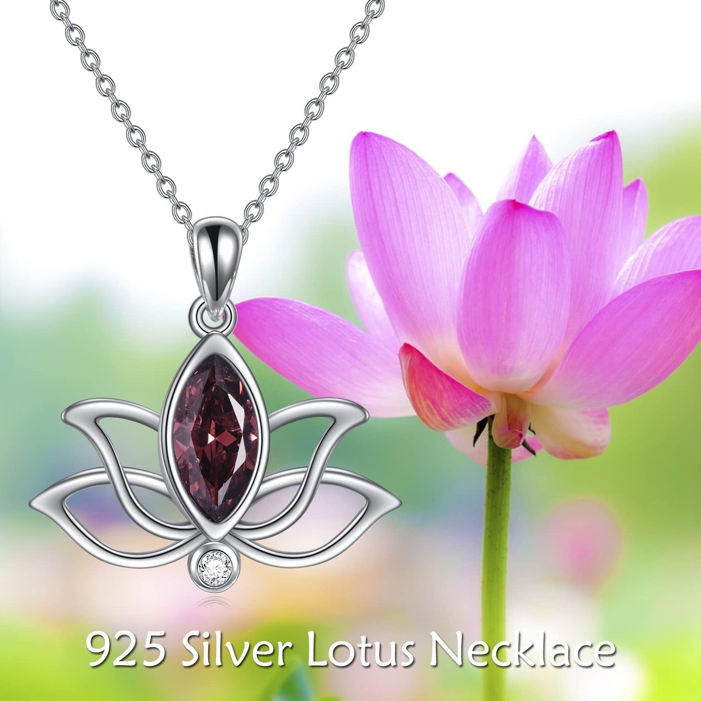 YFN Lotus Necklace Sterling Silver October Birthstone Pendant Created Pink Tourmaline Jewelry Gifts for Women (Oct)