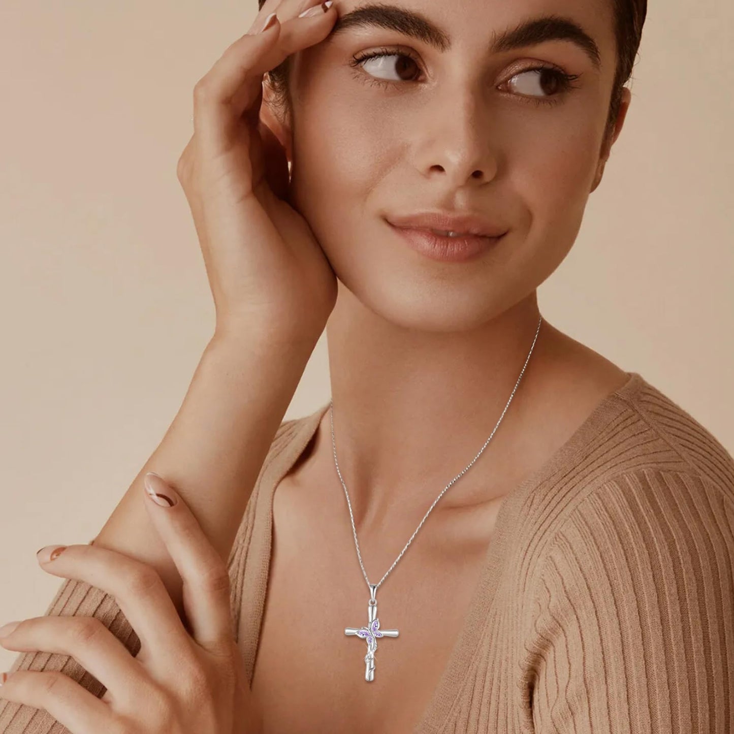 Blaniy Cross Necklace for Women 925 Sterling Silver Butterfly Necklace Alexandrite Pendant Necklaces June Birthstone Jewelry Gifts for Women
