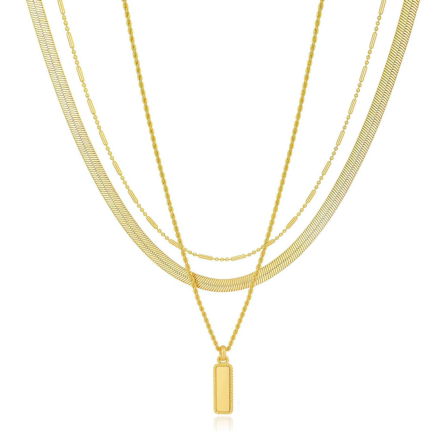 YOIHUR Layered Gold Necklaces for Women,14K Gold Plated Beading Snake Chain Necklace Trendy Layering Rectangular Pendant Twisted Rope Necklace Set Jewelry for Women