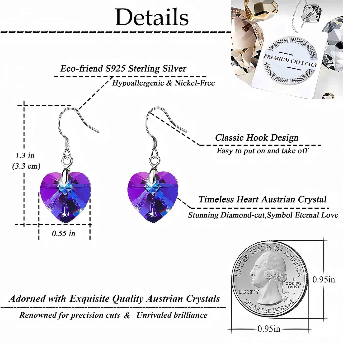 Austrian Crystal Heart Drop Dangle Earrings for Women 925 Sterling Silver Hook Hypoallergenic Earring (Violet)
