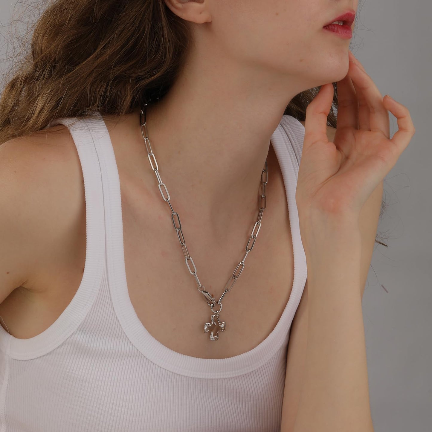 Bheop Chunky Cross Necklace for Women Trendy Silver Layered Statement Cross Pendant Charm Necklace Vintage Paperclip Herringbone Snake Choker Chain Costume Jewelry Set Gift Non Tarnish