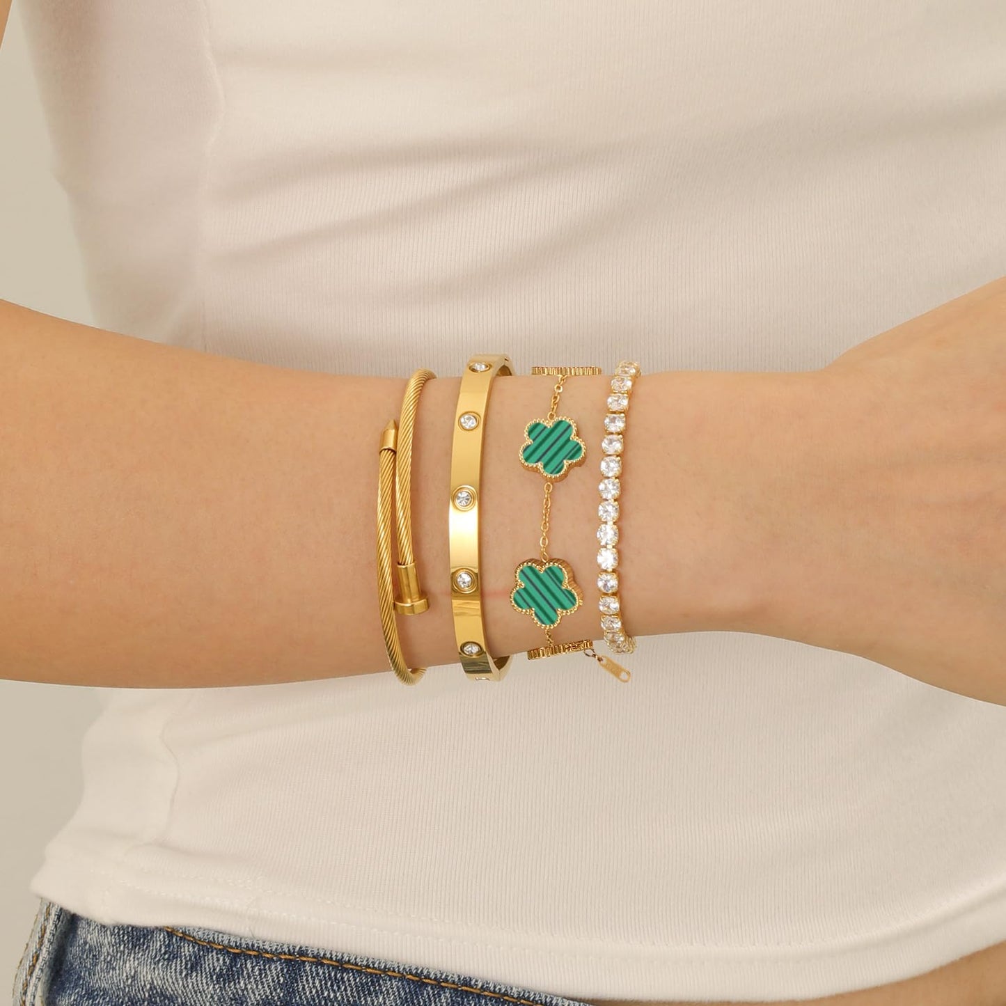 Gold Bracelets for Women, 18K Gold Plated Women Tennis Bracelets Clover Nail Love Bangle Bracelet Set, Gold Bracelet Stackable Set Trendy Jewelry, Gifts for Women's Day and Mother's Day (07-Color-green)