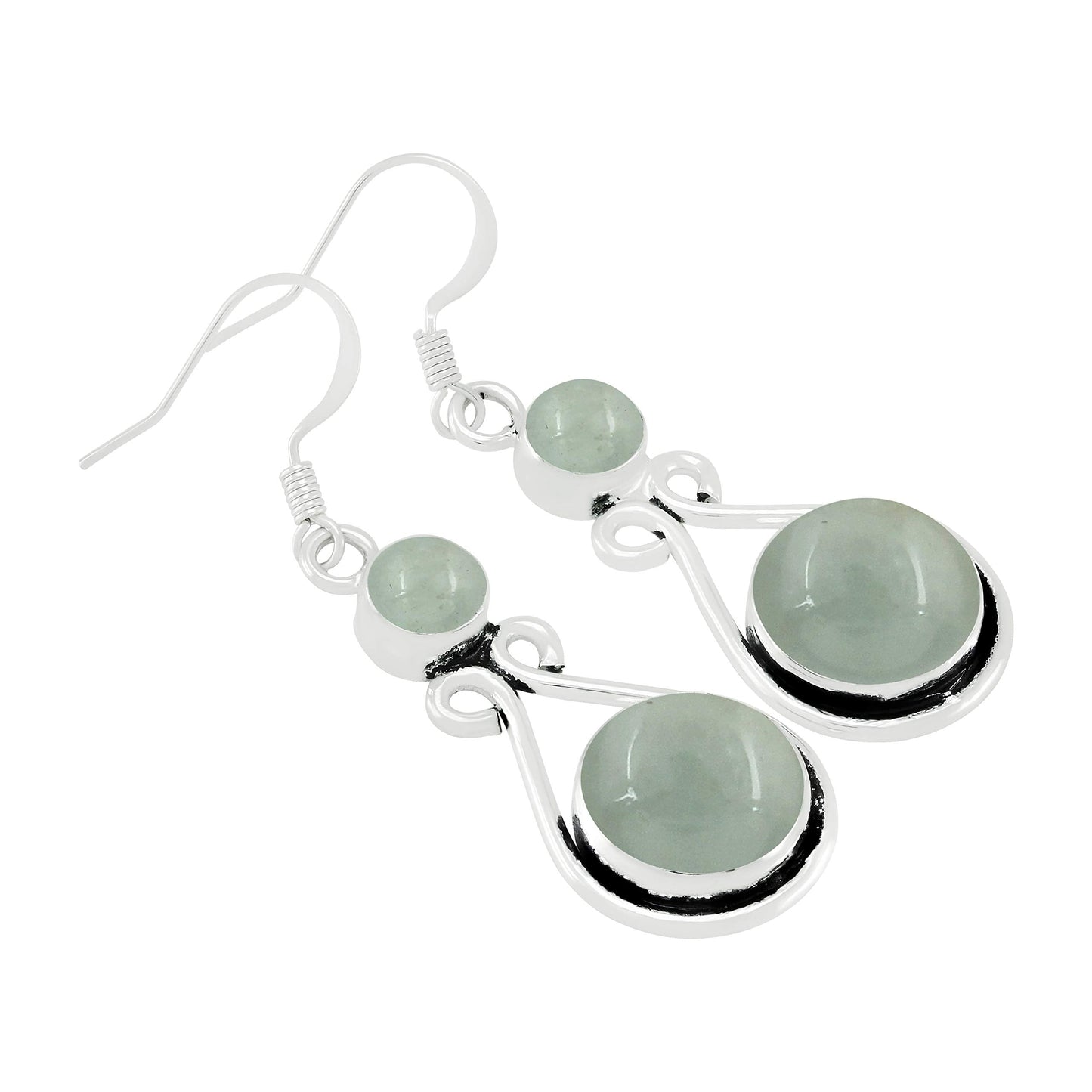 Natural Aquamarine Silver Plated Dangle Earrings for Women - March Birthstone Round Gemstones Drop Earrings Jewelry - Handmade Gift for Her