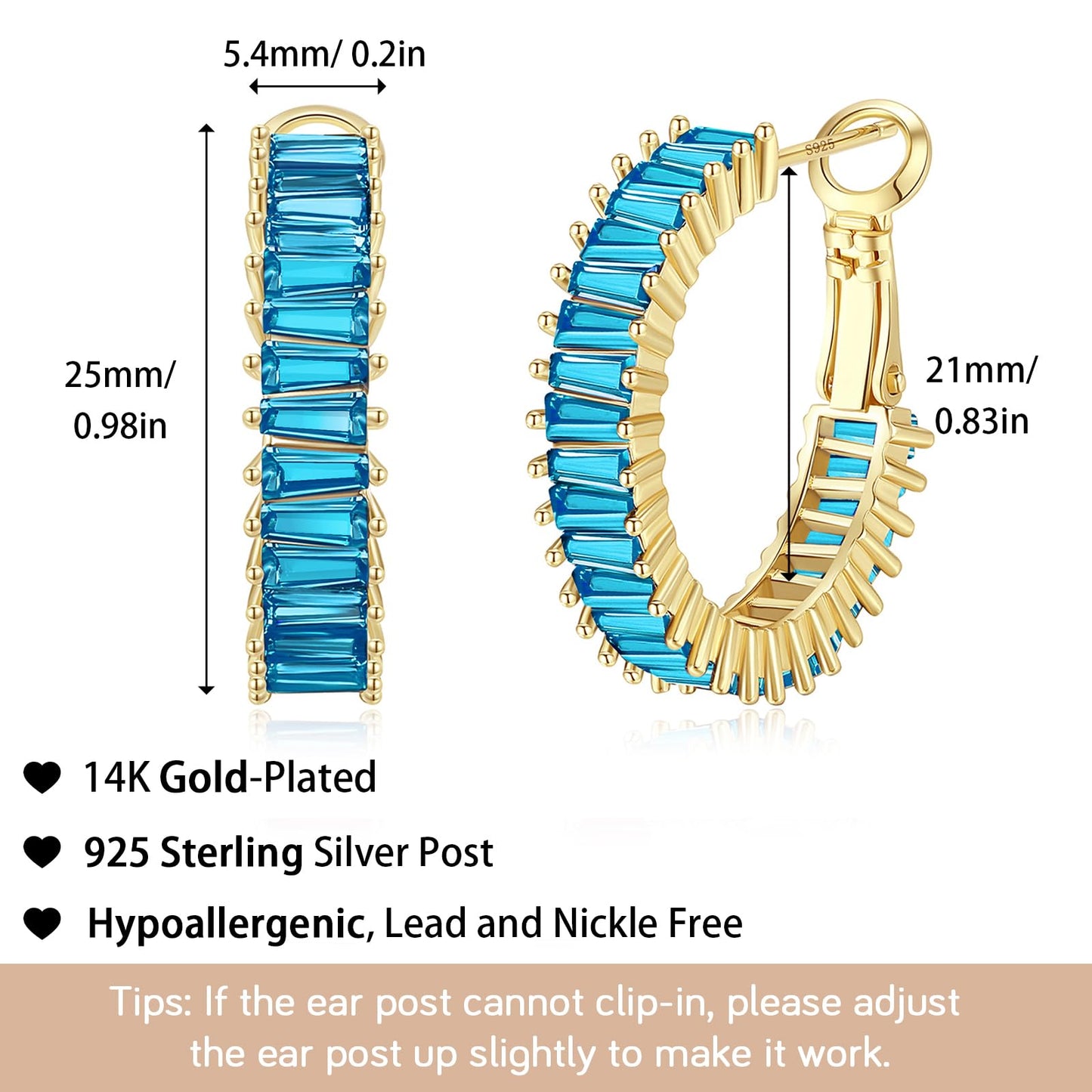 GLOQUAT Sky Blue Crystal Hoop Earrings 14K Gold Plated Aquamarine Hoops for Women S925 Silver Post Vintage Baguette Cubic Zirconia Gold Round Circle Hoops Lightweight and Hypoallergenic Jewelry 25mm