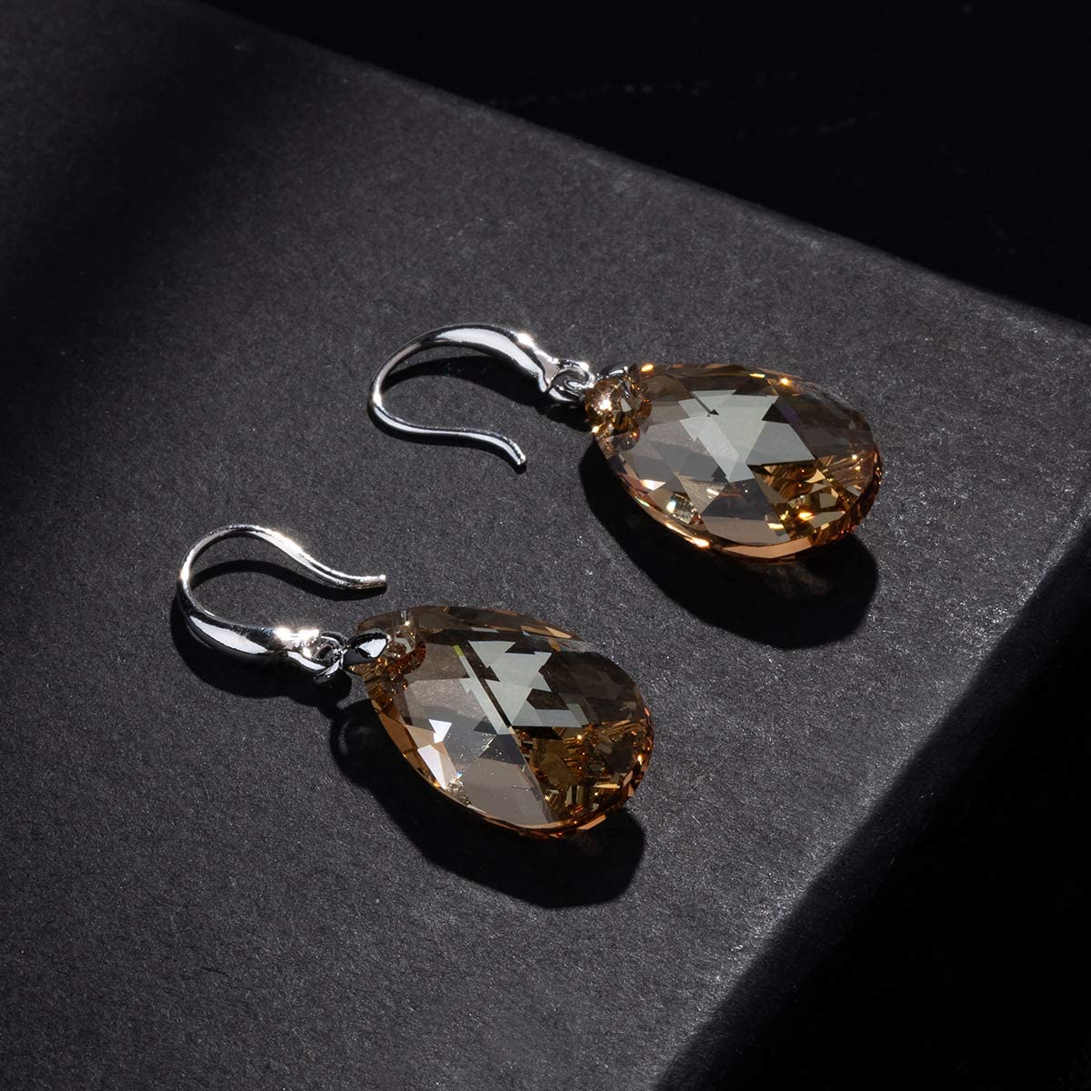 Austrian Crystal Teardrop Dangle Hook Earrings for Women 14K Gold Plated Hypoallergenic Jewelry (Light Topaz)