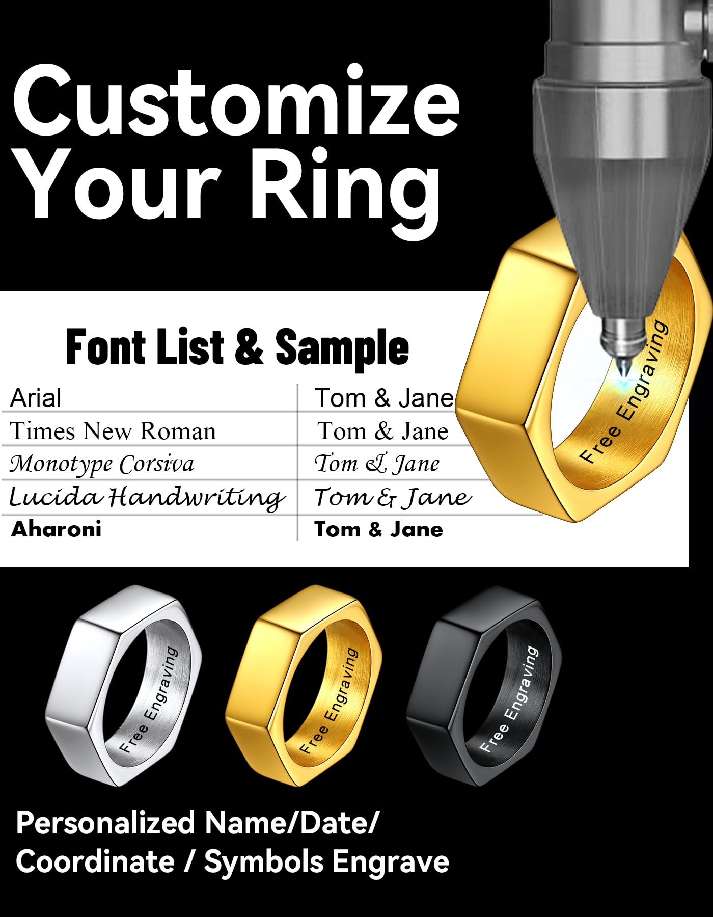 ChainsHouse Personalize Simple Band Rings 18K Gold Plated Geometric Hexagon Biker Ring for Men Women, Size 14