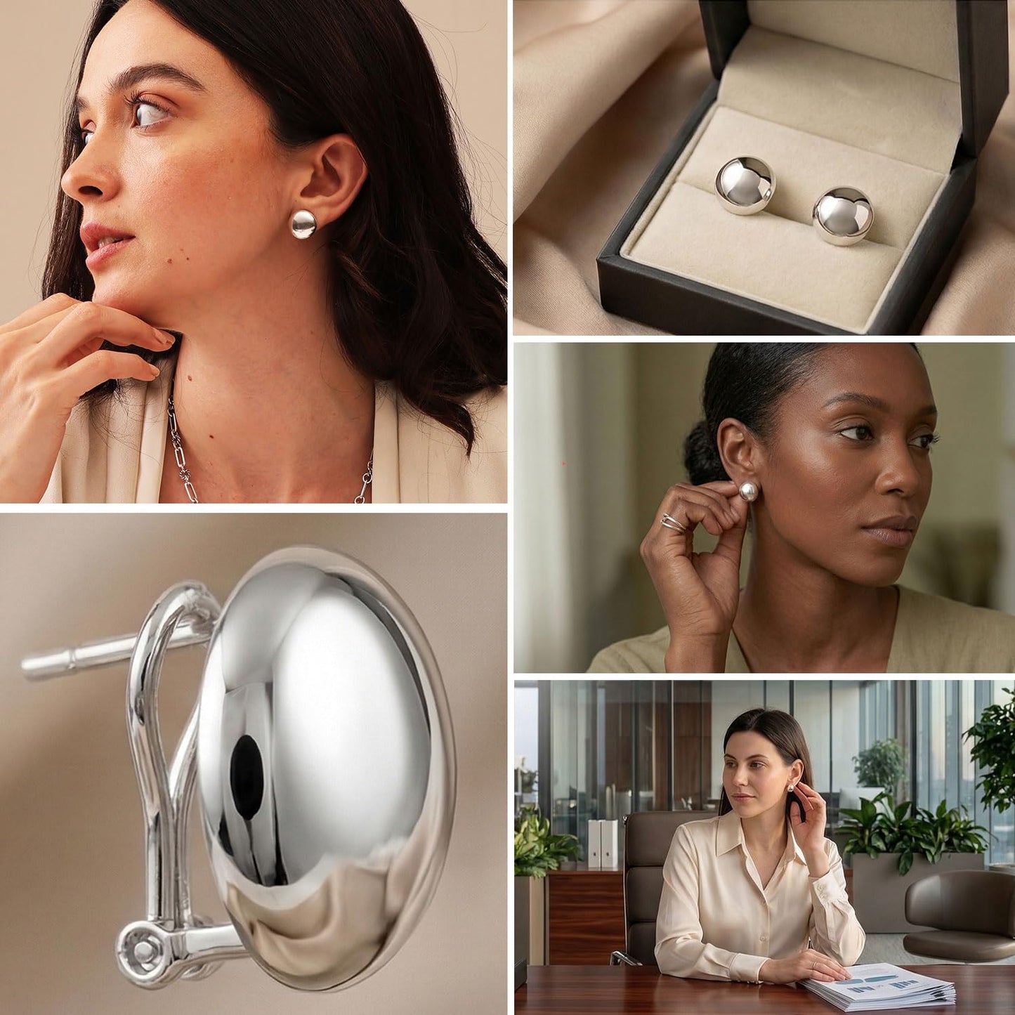 LeCalla 925 Sterling Silver Omega Back Earrings Jewelry Large Italian Design Round Dome Button Omega-Clip Back Stud Earring for Women 16 MM