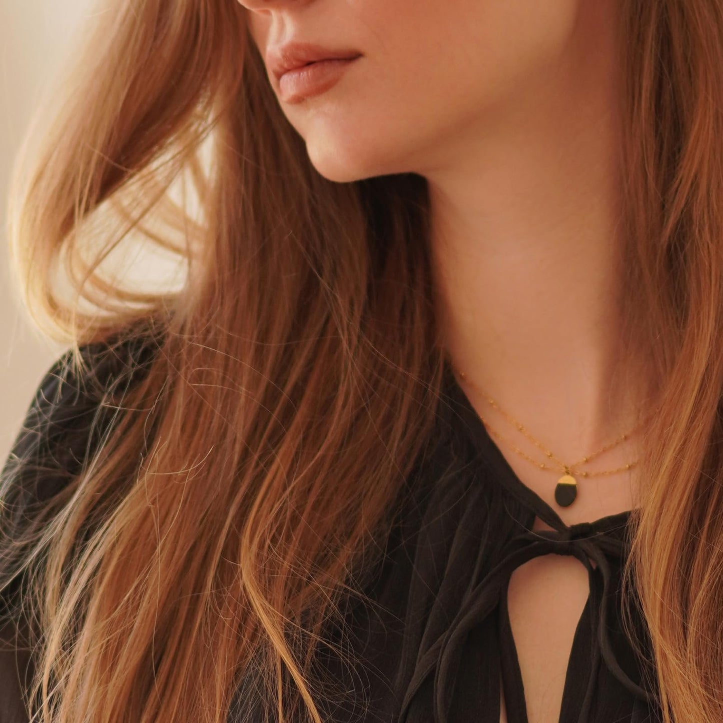 Milan Chiva 14K Gold Plated Black Agate Layered Stacked Necklace for Women, Dainty Trendy Non Tarnish Oval Pendant Charm Necklaces Fashion Jewelry for Women Waterproof MNS-1009BK