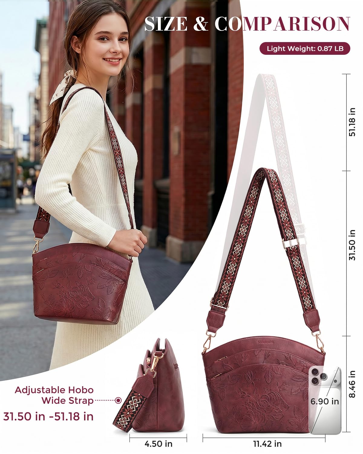 Crossbody Bags For Women, Vegan Leather Crossbody Purses with Boho Strap, Daily Travel Red Shoulder Handbag