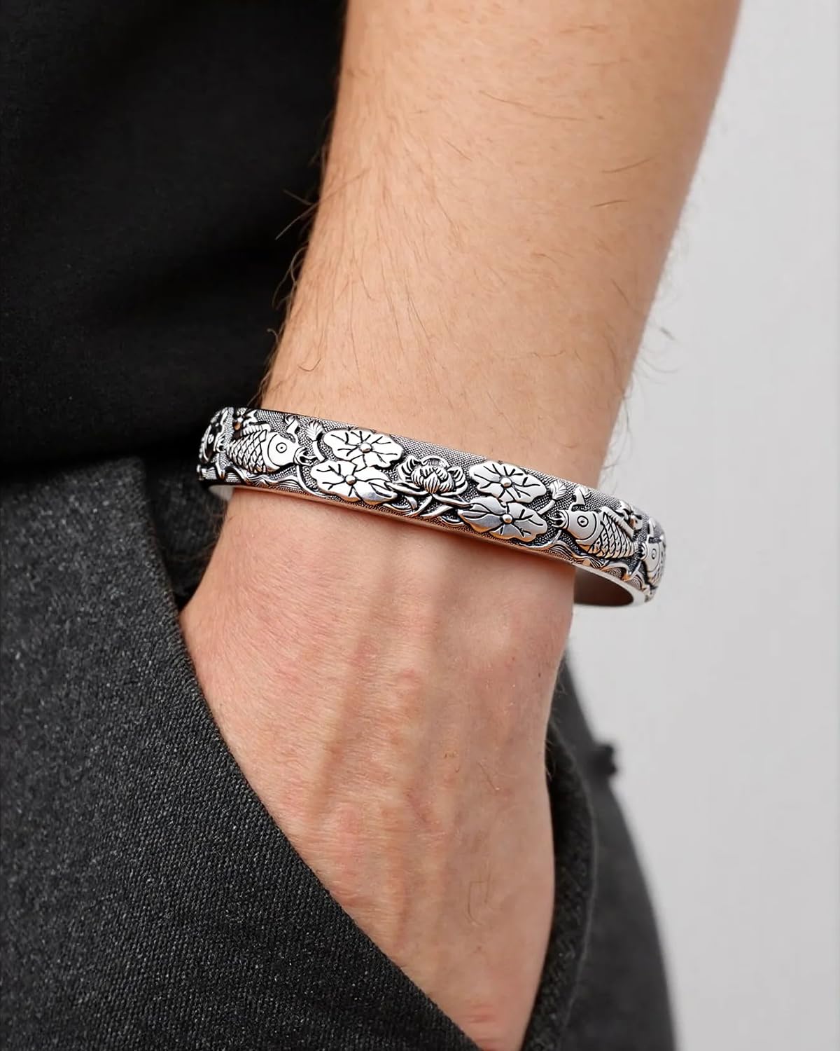 Feng Shui Lotus Heart Sutra Bracelet - Adjustable Vintage Silver Bracelet for Women Men, Tibetan Buddhist Mantra Lucky Amulet, Wealth Luck Protection Meditation Gifts