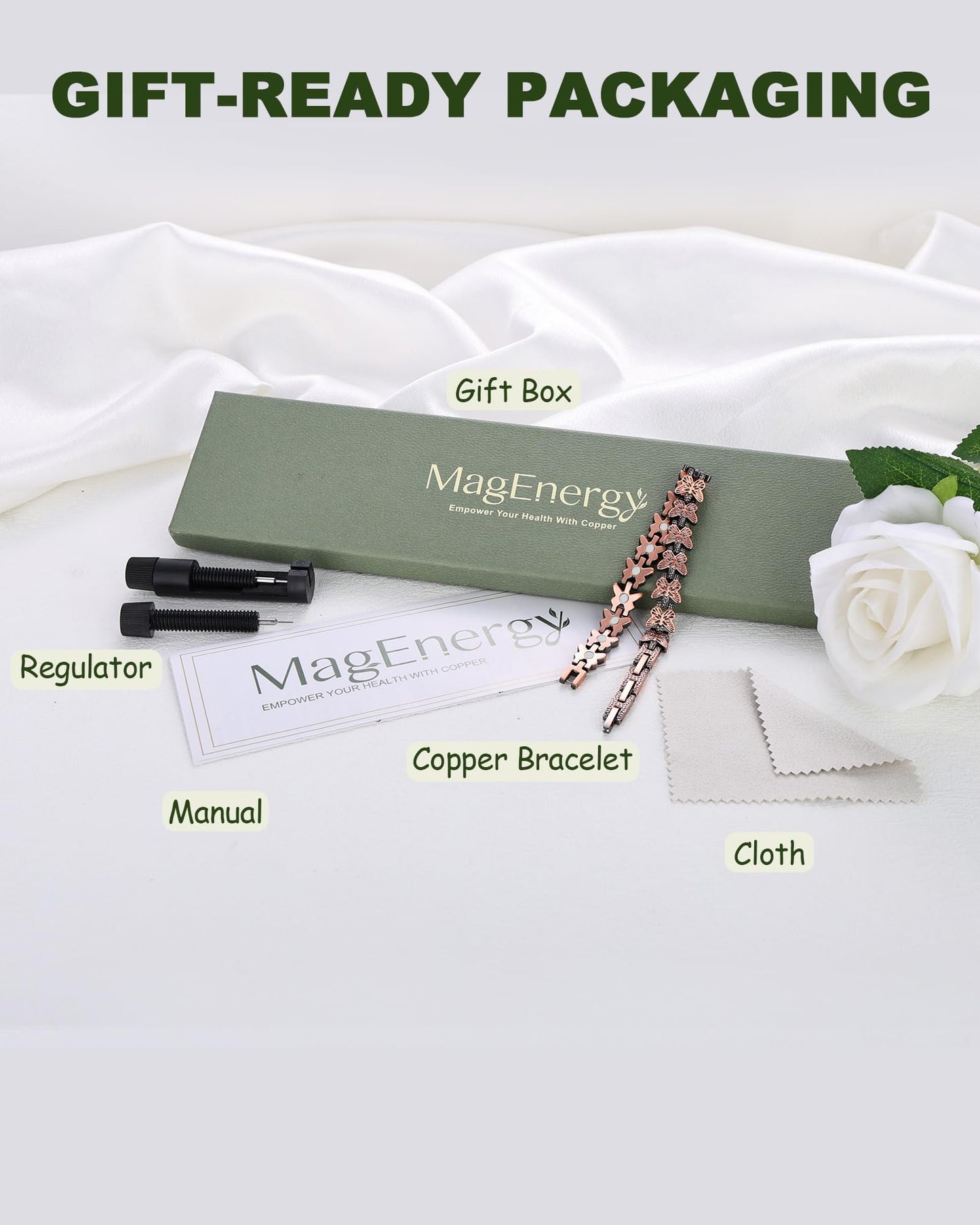 MagEnergy Copper Bracelets for Women, 99.99% Pure Copper Magnetic Bracelet with 3500 Gauss Magnets & Butterfly, Adjustable, Jewelry Gift