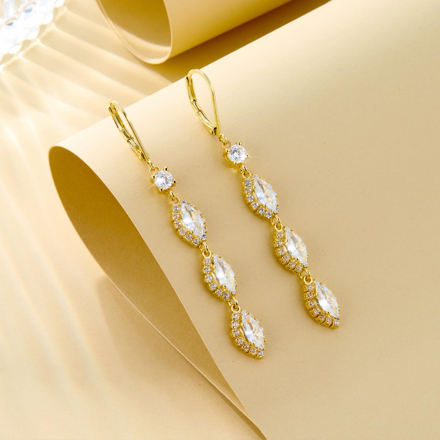 Long Gold Drop Earrings, ALEXCRAFT 14K Gold Zirconia Dangle Leverback Earrings for Women Trendy Hypoallergenic Sterling Silver Lightweight Long Dangling Teardrop Earring Brides Engagement Wedding