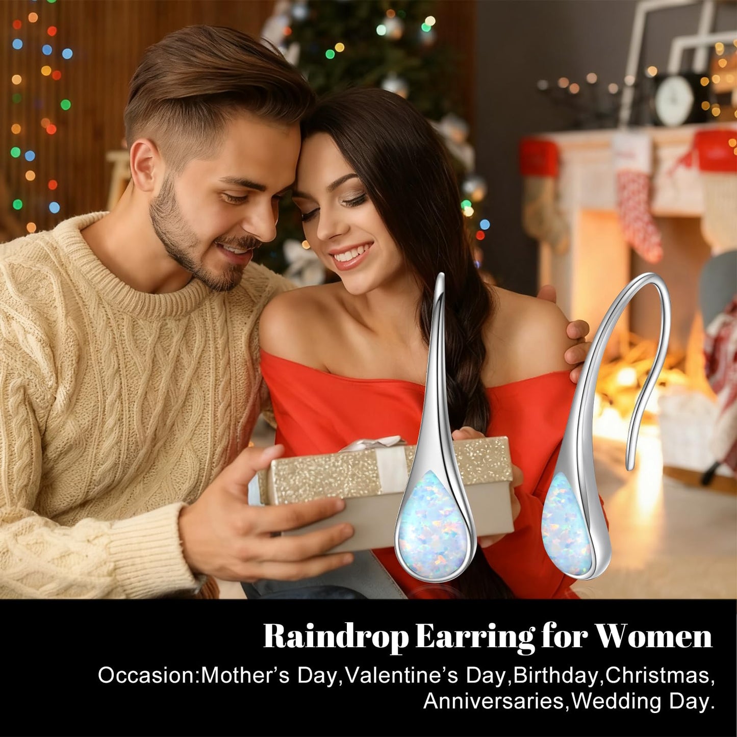 925 Sterling Silver Pear-Shaped Hook Earrings with Simulated White Opal, Teardrop October Birthstone Jewelry Gifts for Women Wife Mom