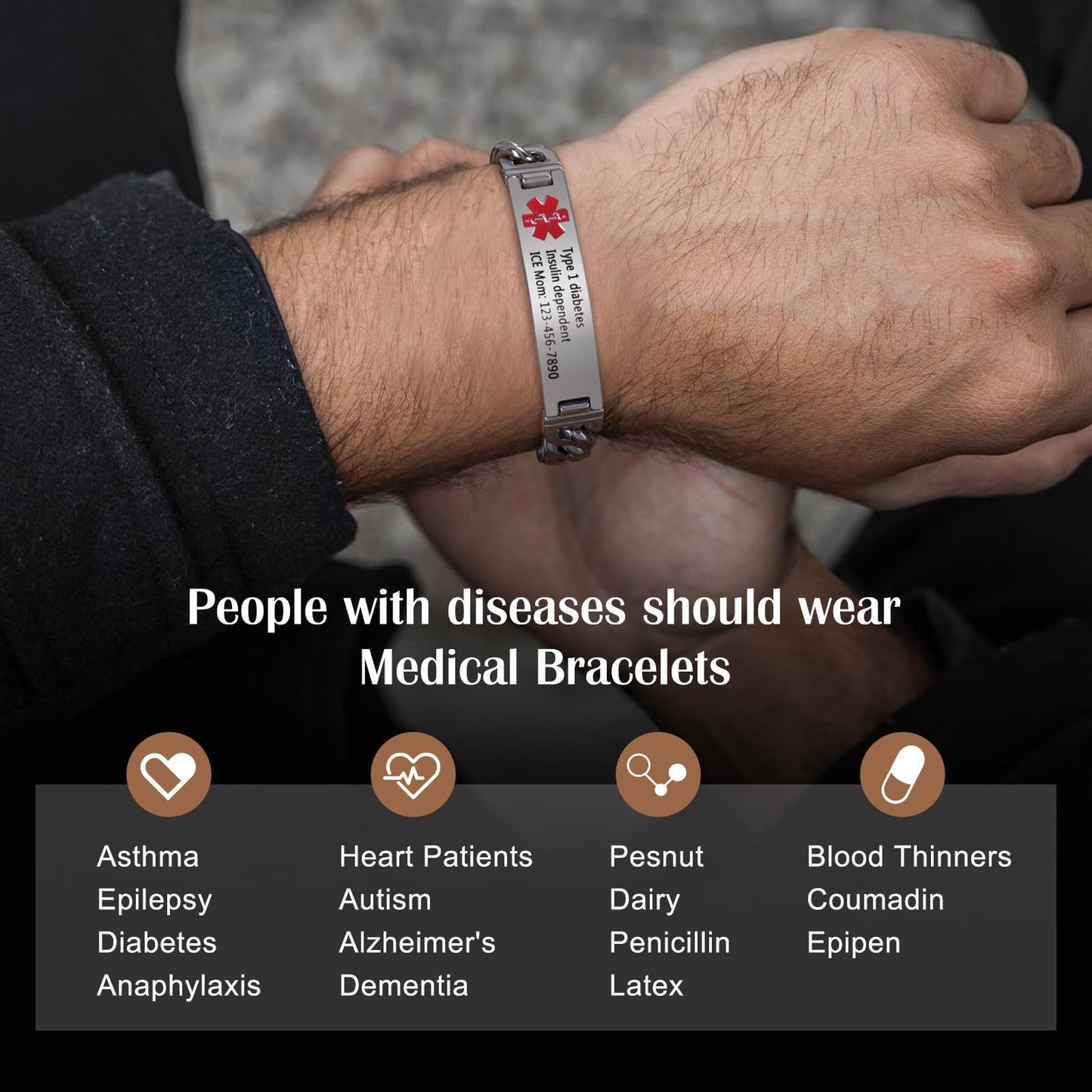 Bijouweled Medical Alert Bracelet for Women Men 7.5 to 9.8 Inches Emergency ID Bracelets Free Engraving Personalized Medic Alert Bracelet for Adult (Silver 7.5-9.8inch 3 sizes)
