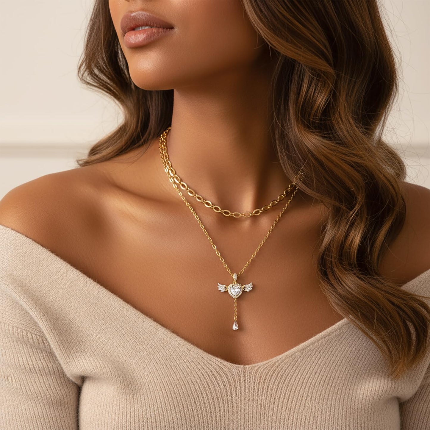 MEIITRUE Heart Necklace for Women Trendy,14k Gold Plated Dainty Layered Necklaces Set Cubic Zirconia Love Drop Pendant with Movable Wings Personalized Choker Chain Jewelry Gift White
