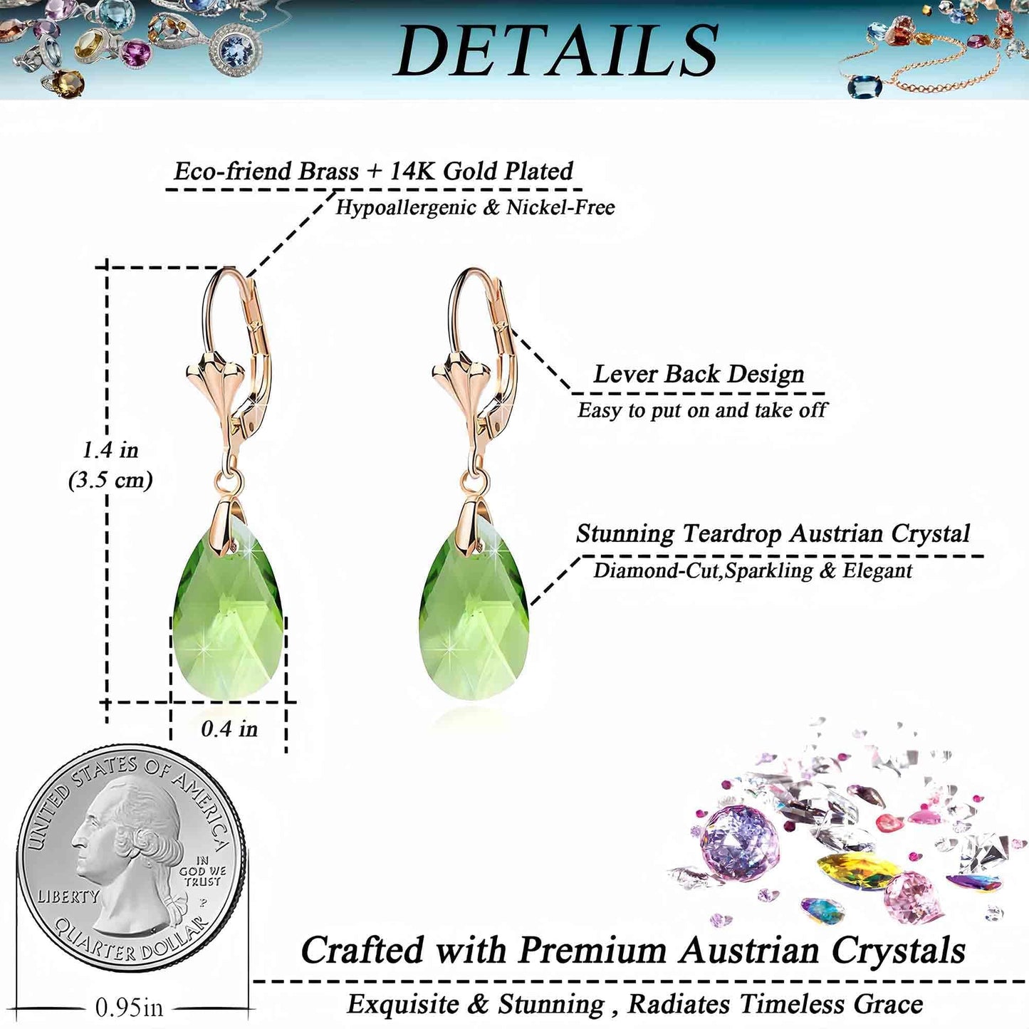 Austrian Crystal Teardrop Leverback Dangle Earrings for Women Fashion 14K Gold Plated Hypoallergenic Jewelry (Green)