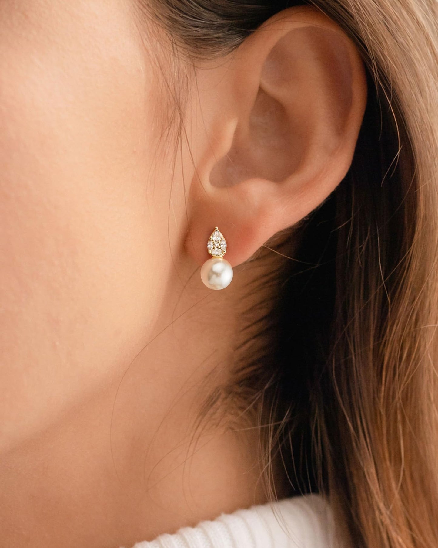 PRTGL Pearl Earrings - 14K Gold Plated Cubic Ziconia Paved Pearl Wedding Earrings for Bridal Bridesmaid