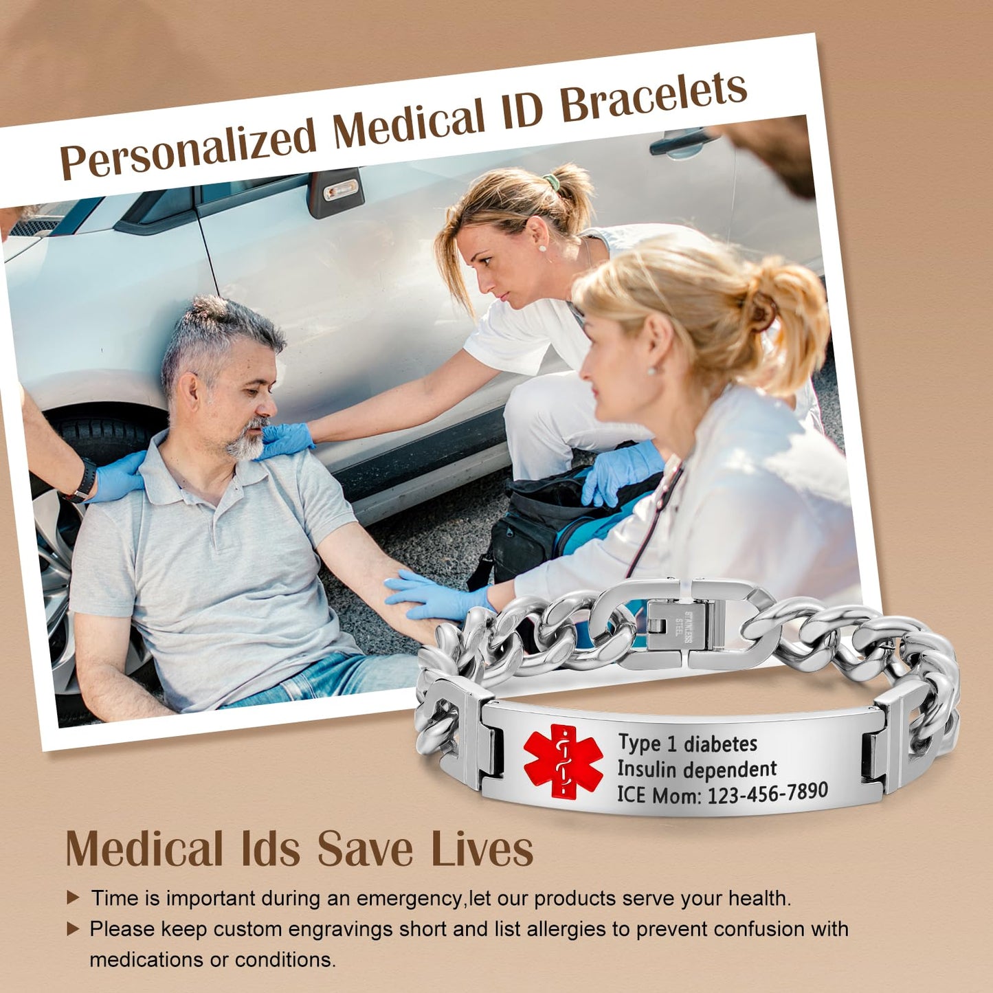 Bijouweled Medical Alert Bracelet for Women Men 7.5 to 9.8 Inches Emergency ID Bracelets Free Engraving Personalized Medic Alert Bracelet for Adult (Silver 7.5-9.8inch 3 sizes)