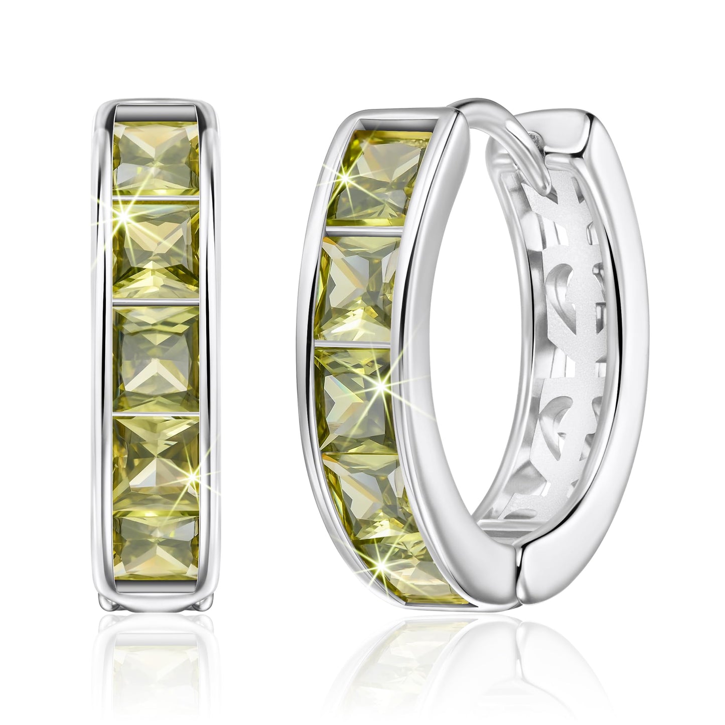 Linawe Silver Hoop Stud Earrings for Women, Peridot Green Huggie Earrings, Cubic Zirconia Earrings Studs, Helix Small Hoop Piercing Jewelry, Imitation Diamond Rhinestone Dainty Earrings