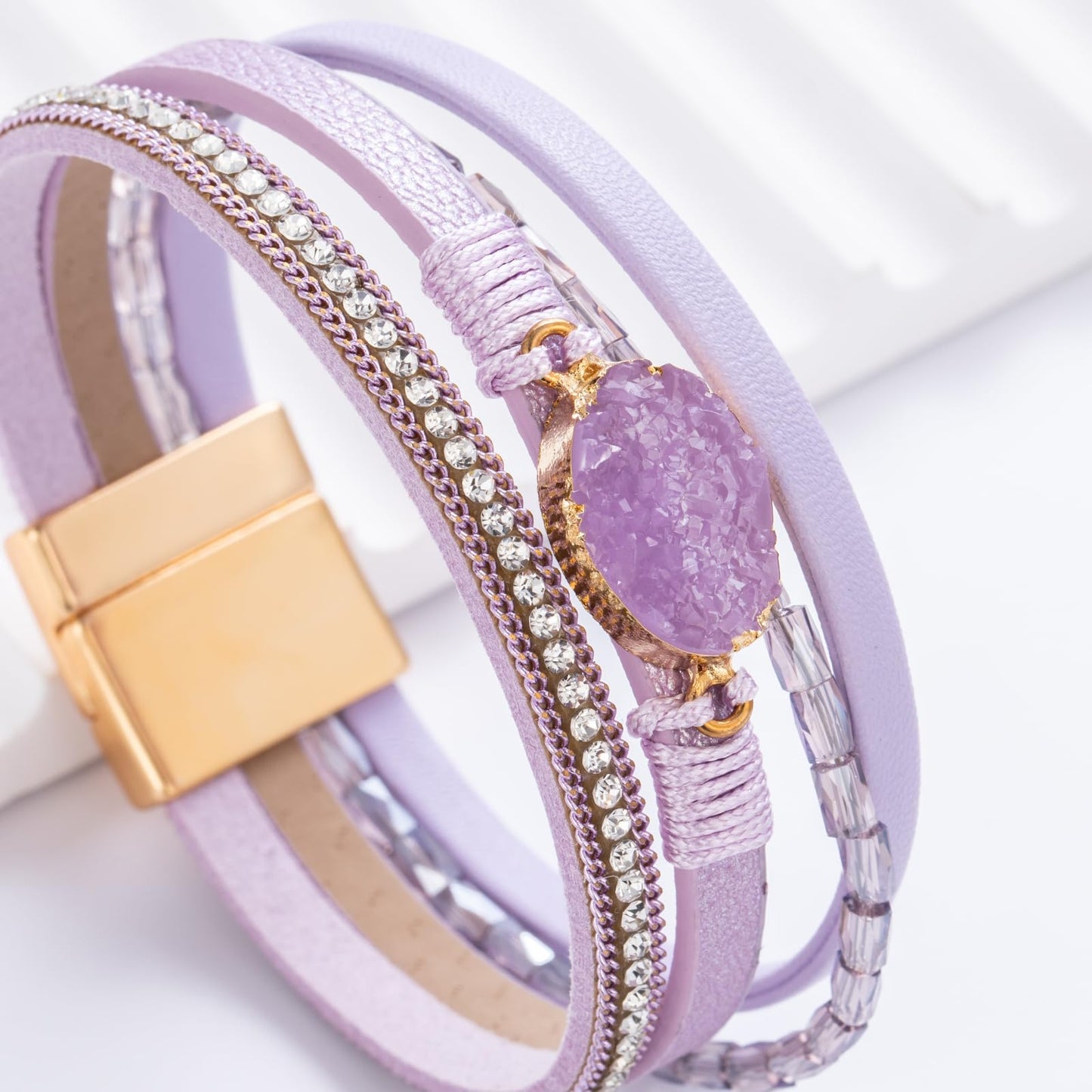FANCY SHINY Boho Leather Wrap Bracelet Stackable Chunky Crystal Cuff Bracelets with Magnetic Clasp Cowboy Cowgirl Western Summer Beach Outfits Jewelry Gifts for Women (7.7", Purple)