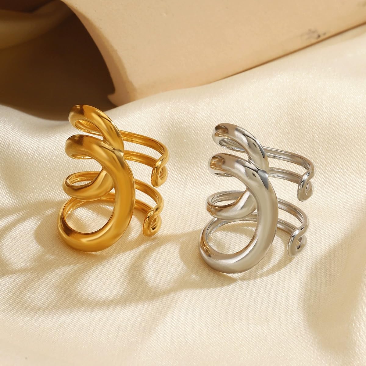 AIETUE Chunky Rings For Women, Gold Silver Thumb Ring Asymmetrical Wavy Curve Ring Adjustable Non Tarnish Dainty Stainless Steel New Year Anniversary Birthday Jewelry Gift (Trendy Silver#4)