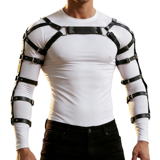 Mens Chest Harness Cosplay Top PU Leather Chest Shoulder Straps Body Harness Strap Male Punk Fashion Fantasy Costume Rave Outfit for Music Festival Party Halloween Cosplay (Black)