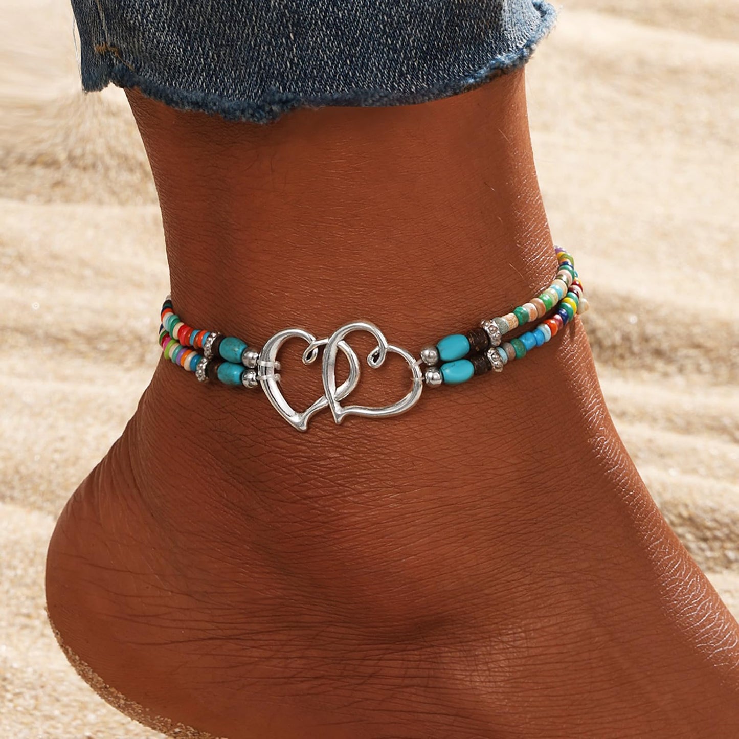 Qceasiy Shell Ankle Bracelet Set for Women, Boho Bead Adjustable Anklet, Hawaiian Beach Seashell Pearl Heart Starfish Conch Foot Jewelry Gifts (Double Heart(Colorful))