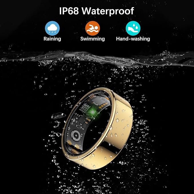 Smart Health Ring for Women Men, Fitness Tracker Ring with Heart Rate, Blood Oxygen, Sleep Tracker, Step Tracker, No Subscription Fee, IP68 Waterproof Smart Ring for iPhone & Android (Gold, 12#)