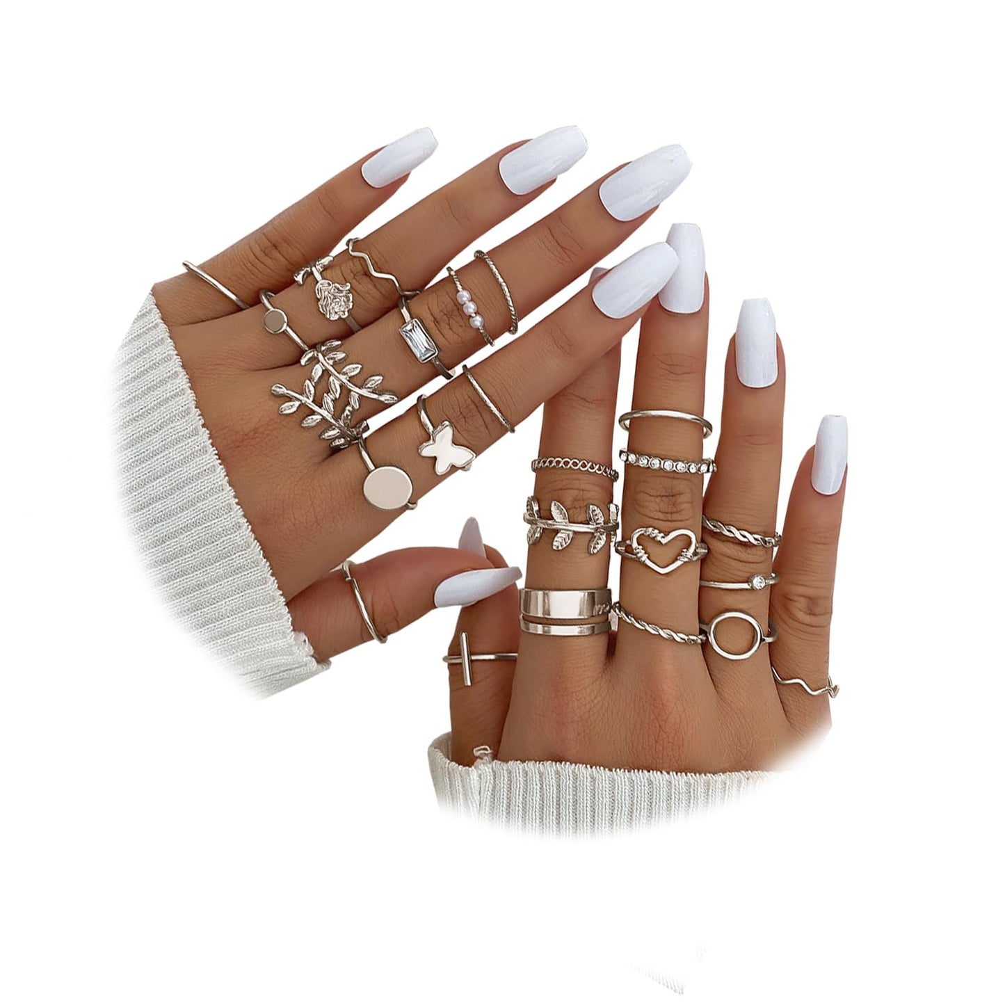 IFKM 24 Pcs Silver Knuckle Rings Set For Women Vintage Stackable Joint Finger Midi Rings Dainty Cubic Zirconia Crystal Simple Twist Hollow Cute Rings Pack Jewelry Gift (Love of Leaves, Silver)