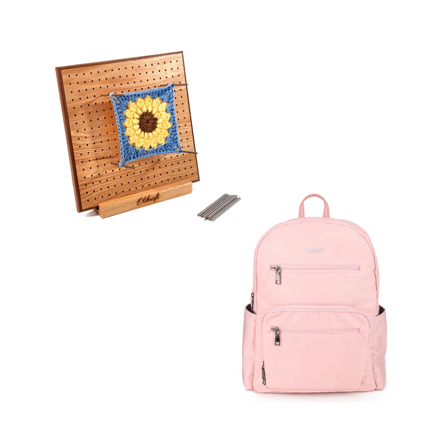 likraft Crochet Blocking Board with 50 Pins (8 inches) and Pink Crochet Bag Organizer – Stylish Water-Resistant Yarn Storage & Granny Square Blocking Set for Crocheters on The Go