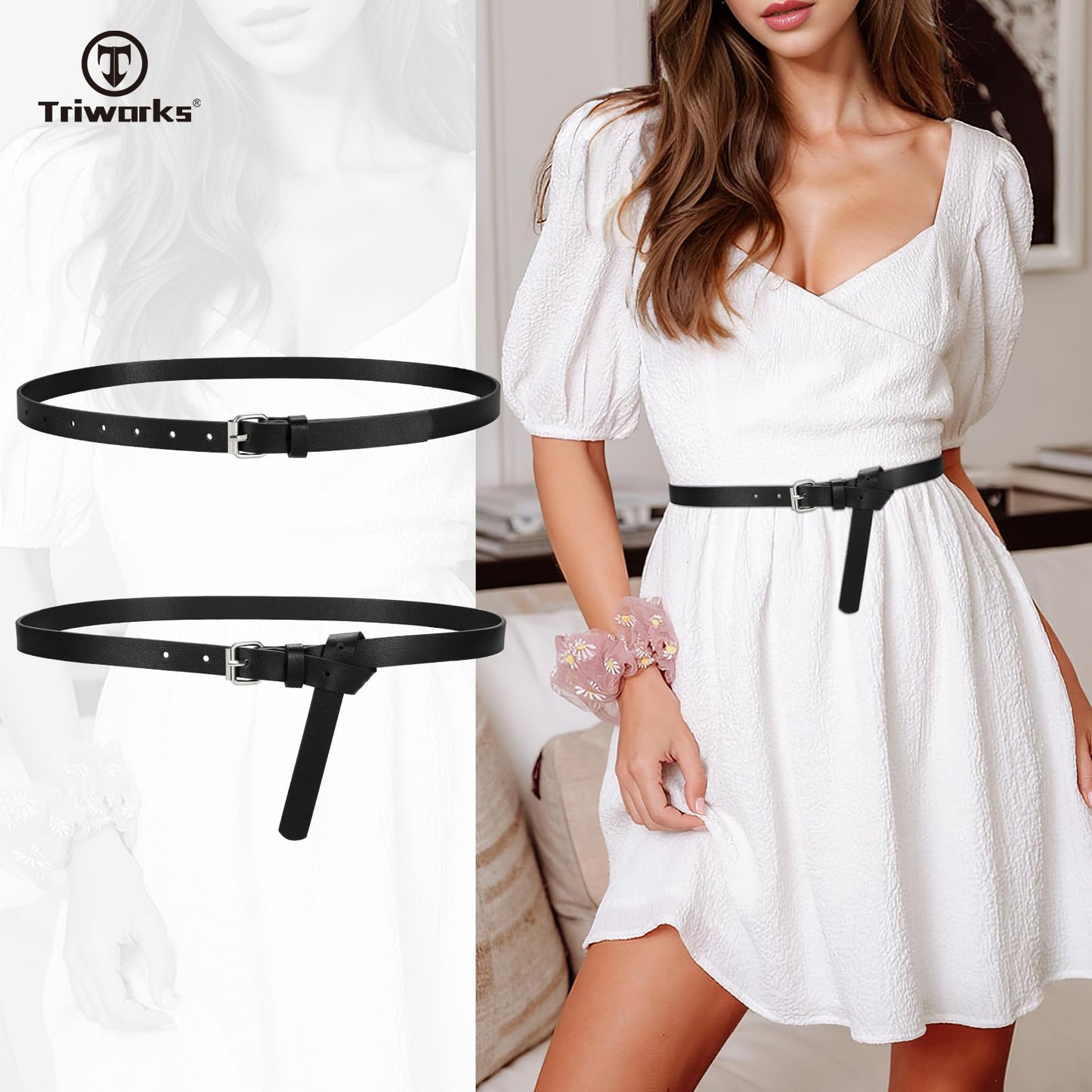 TRIWORKS 3 Pack Women Skinny Leather Belt for Jeans Pants Dress Ladies Thin Waist Belt with Silver Buckle