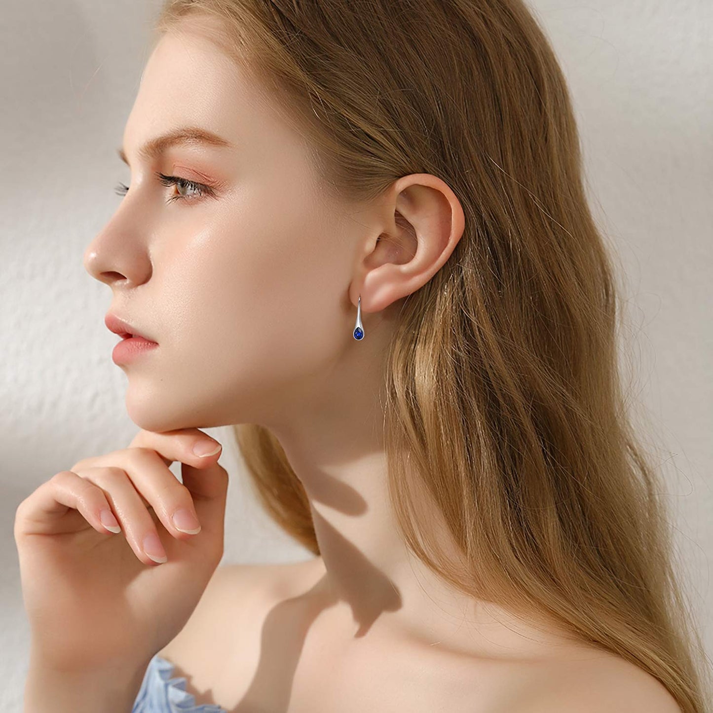 925 Sterling Silver Small Pear-Shaped Hook Earrings with Simulated Sapphire Birthstone Crystals from Austria, September Birthstone Jewelry Gifts for Women Wife Mom