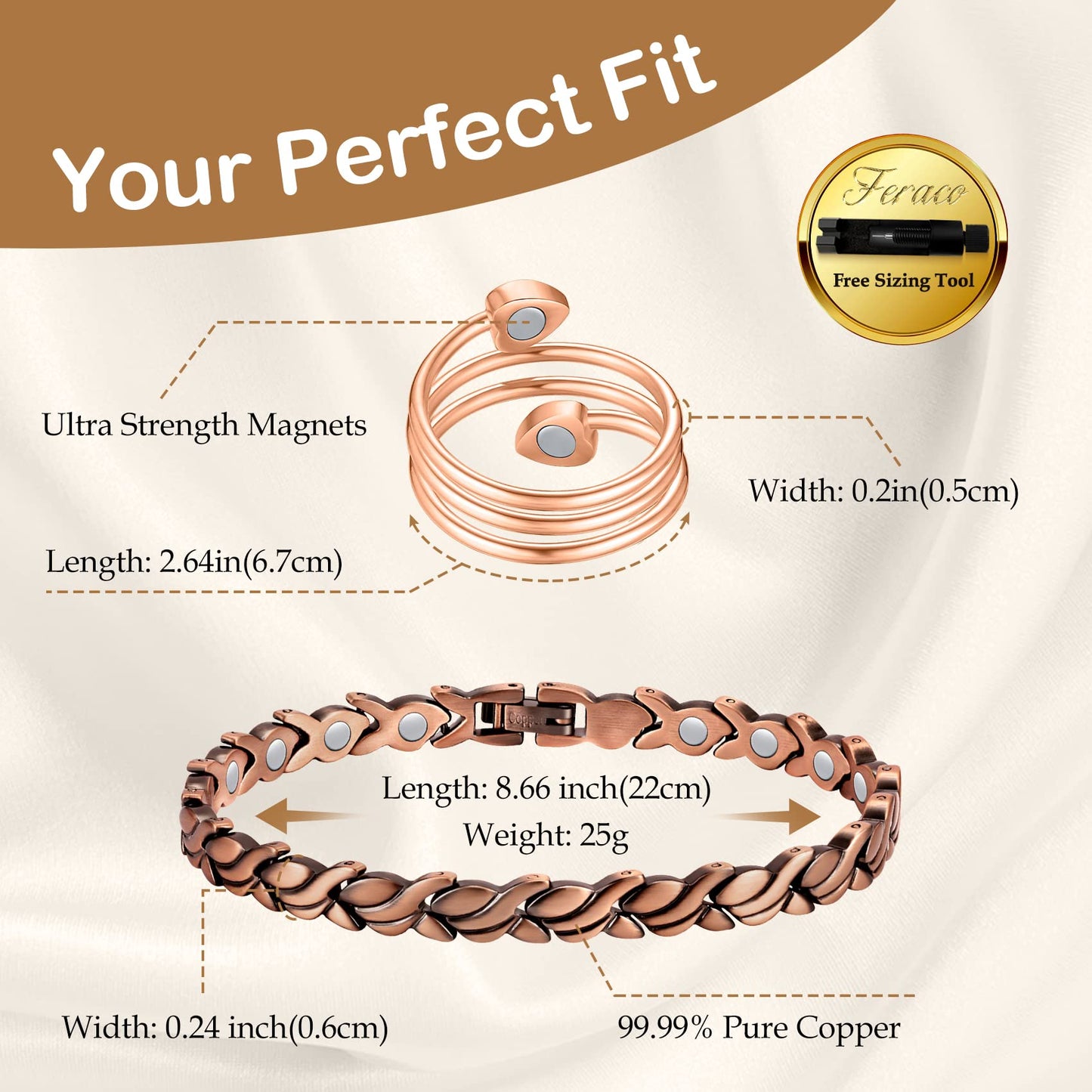 Feraco Copper Bracelet for Women 99.99% Solid Copper Magnetic Bracelets, Unique X Shape Links, Magnetic Field Therapy Jewelry Gifts (Fishtail + Ring)