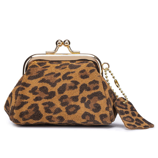 Genuine Leather mini Coin Purse, Small Vintage Kiss Lock Jewelry Storage Organizer, Cute Lipstick Jewelry Storage Case for Women (Brown Leopard Print)