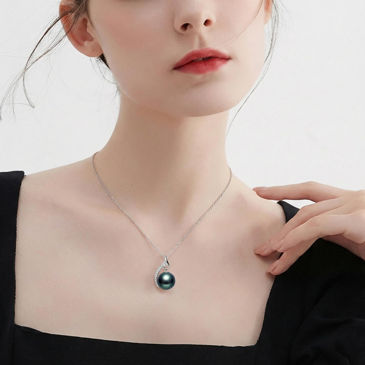 Sterling Silver Black Pearl Necklace for Women, 9-10MM Tahitian Black Pearl -Moissanite Pendant with 18+2 Inch Adjustable Chain, Valentine's Mother's Day,Gift for Mom Wife Girlfriend
