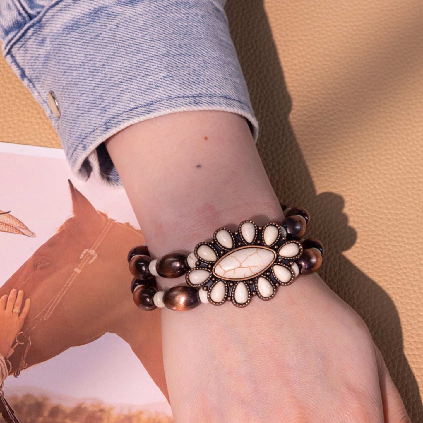 Montana West Rustic Couture's Jewelry Western Navajo Beaded Turquoise Cuff Bangle Bracelets Bohemian Vintage Elastic Bracelet for Women Cowgirl RCW-WH06WT