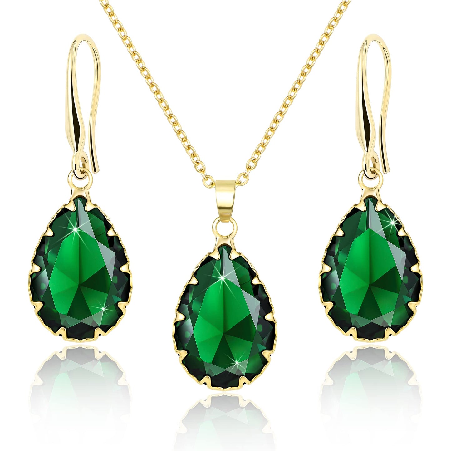 Linawe Emerald Crystal Jewelry Sets for Women, Gold Pendant Necklace Set, Green Imitation Diamond Drop Dangle Earrings Set, Boho Rhinestone Matching Jewelry for Wedding Bridal Bridesmaid