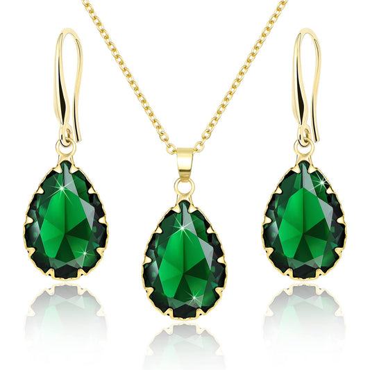 Linawe Emerald Crystal Jewelry Sets for Women, Gold Pendant Necklace Set, Green Imitation Diamond Drop Dangle Earrings Set, Boho Rhinestone Matching Jewelry for Wedding Bridal Bridesmaid