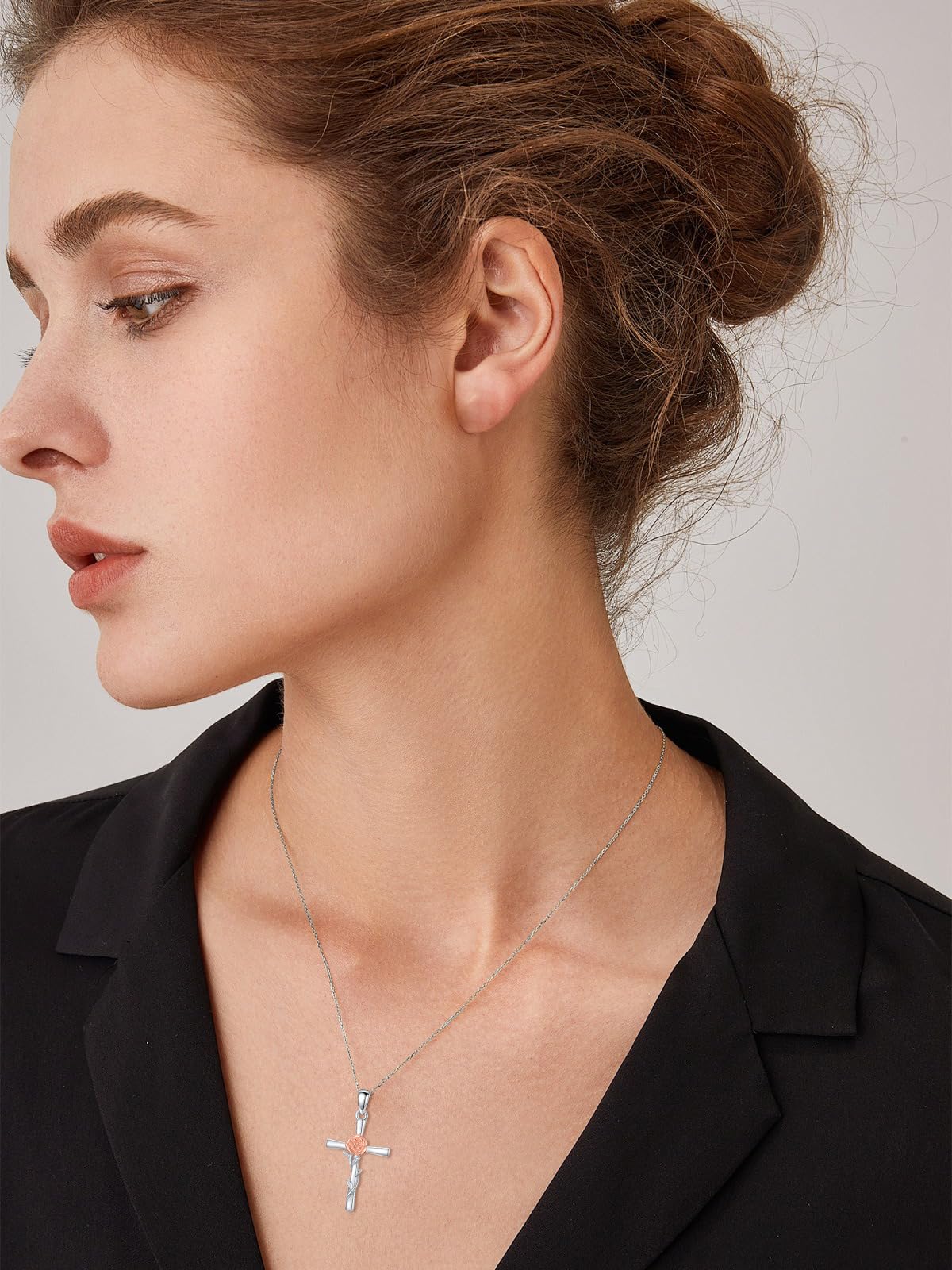 Cargari Rose Necklace for Women 925 Sterling Silver Rose Cross Pendant Birth Flower Cross Jewelry Floral Gifts for Women
