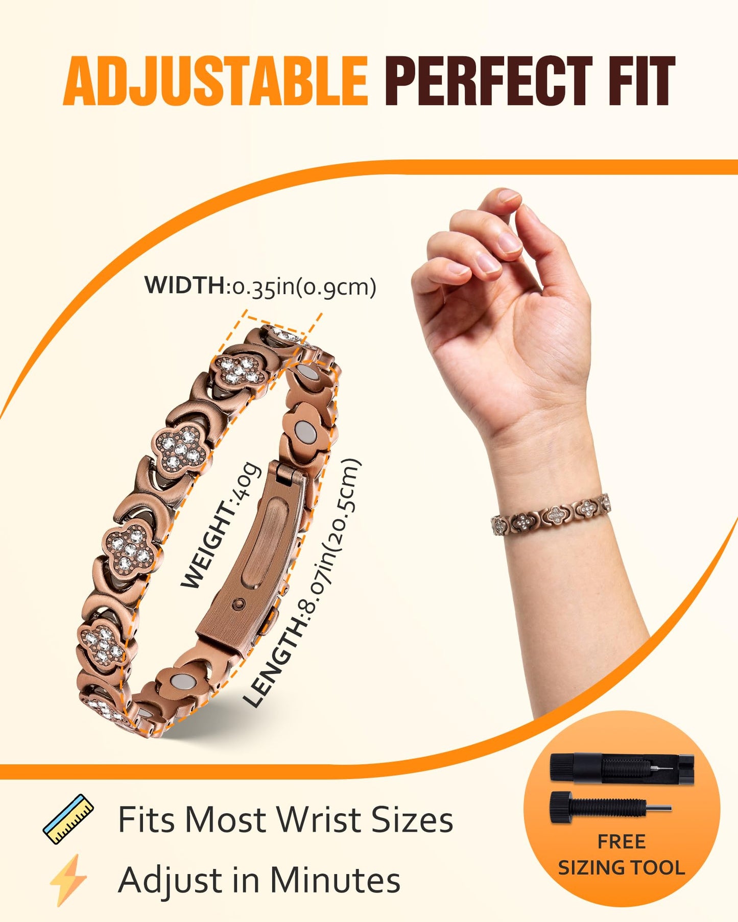 Jecanori Pure Copper Bracelet for Women, Ultra Strength Magnetic Therapy Bracelets with 3800 Gauss Magnets，Four-leaf clover jewelry