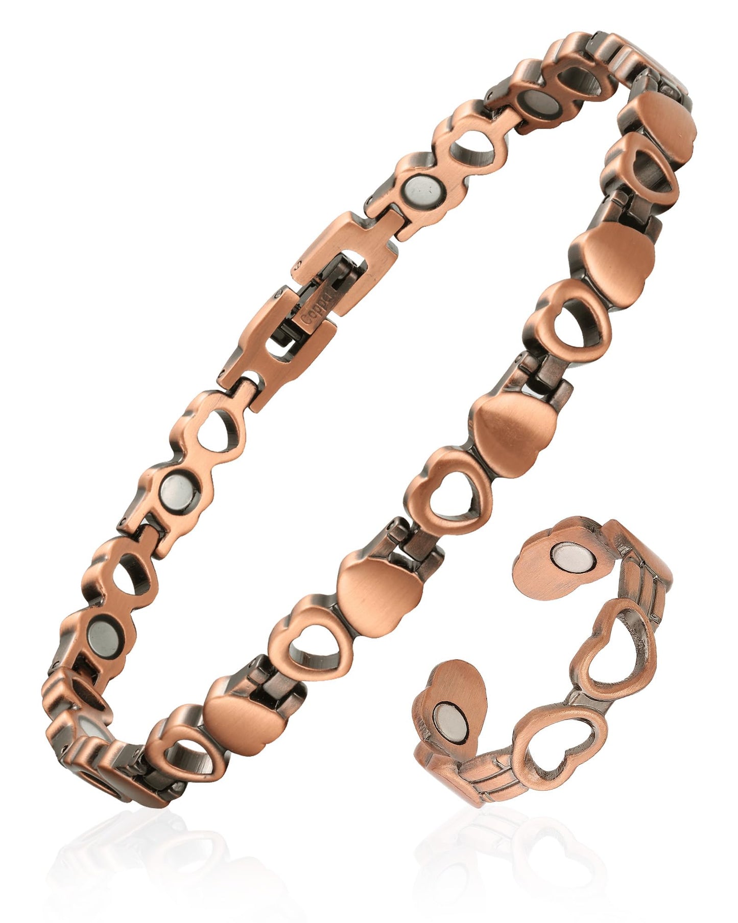 Fashtour 99.99% Pure Copper Magnetic Bracelet and Ring Set for Women, Heart Wire Design Adjustable Jewelry with 3800 Gauss Magnets, Elegant Gift Box(Heart Wire Design) (Heart Bracelet Set)