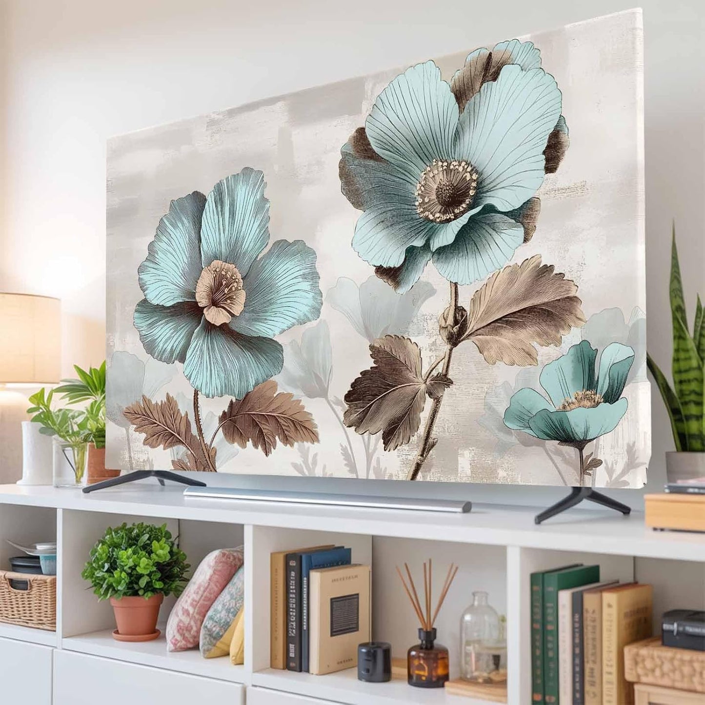 Yukro 85 Inch, 74"x42" Blue Broccoli Indoor TV Dust Cover, Farmhouse Rustic Floral Retro Brown Botanical Elastic TV