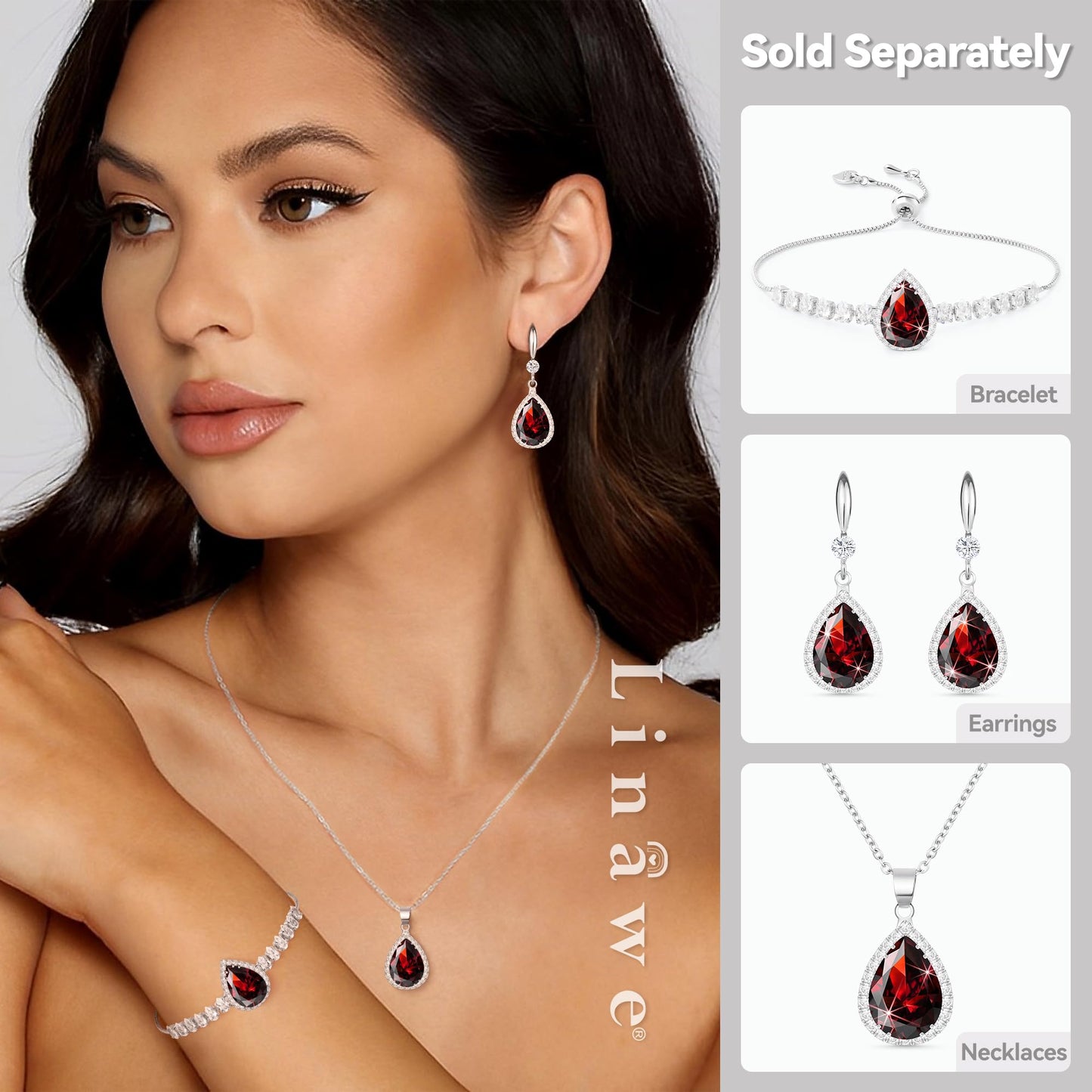 Linawe Silver Red Imitation Diamond Dangle Earrings for Women Trendy, Ruby Rhinestone Cubic Zirconia Crystal Teardrop Earrings, Wedding Bride Bridesmaids Birthstone Jewelry