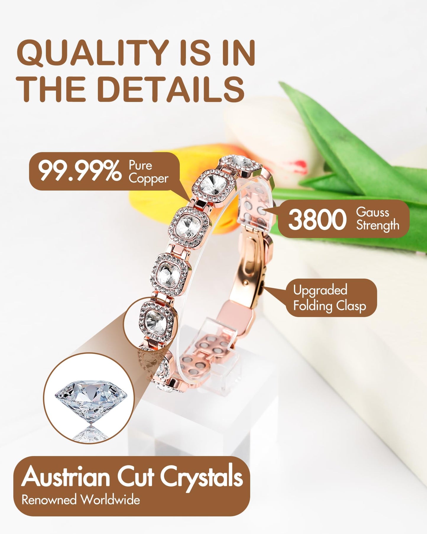 Feraco Copper Bracelets for Women, 4X Ultra Strength Magnetic Bracelet with 3800 Gauss Neodymium Magnets & Sparkling Austrian Cut Crystals, Adjustable Pure Copper Jewelry Gift (Rose Gold)