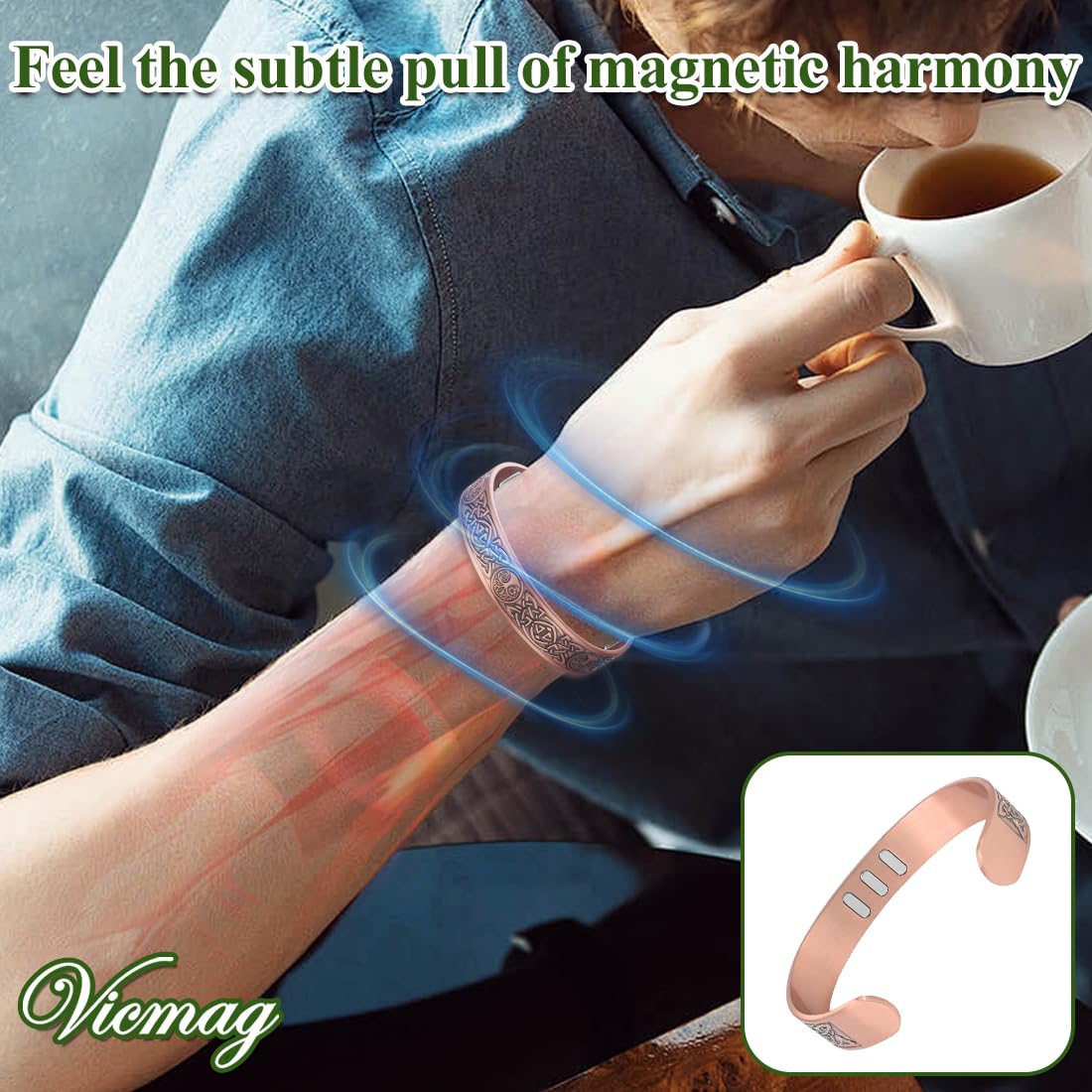 Vicmag Copper Bracelet for Men 9X Strength Magnetic 99% Pure Copper with 5000 Gauss Magnets, Tree of Life Present Box Adjustable(Celtic & Sun Moon Tree)
