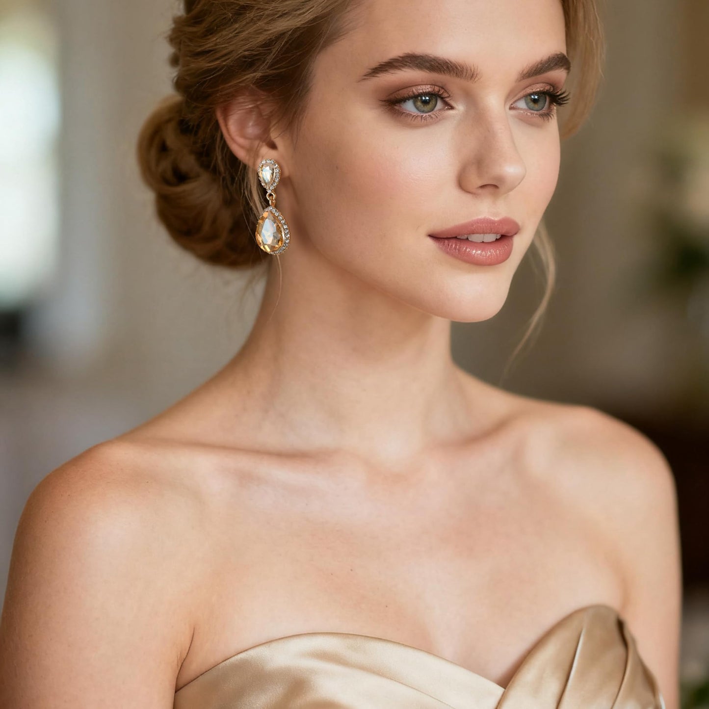 EVER FAITH Austrian Crystal Costume Party Dangle Earrings, Champagne Rhinestone Elegant Bridal Waterdrop Pierced Earrings for Women Bridesmaid