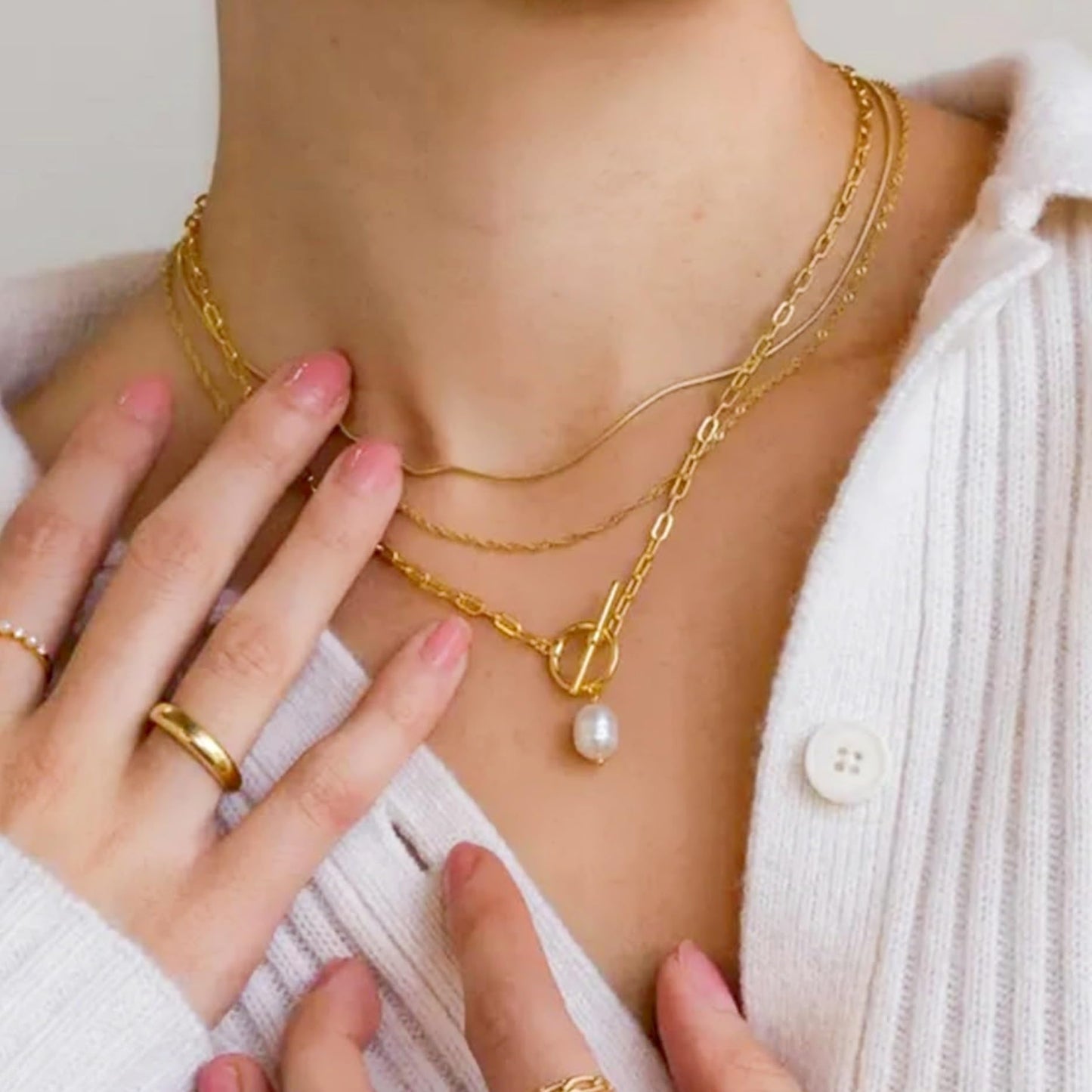 Hclian Gold Layered Necklaces for Women,3Pcs Dainty 14k Gold Plated Stackable Choker Necklaces for Women,Trendy Layering Pearl Chain Paperclip Pendant Jewelry Set Gifts