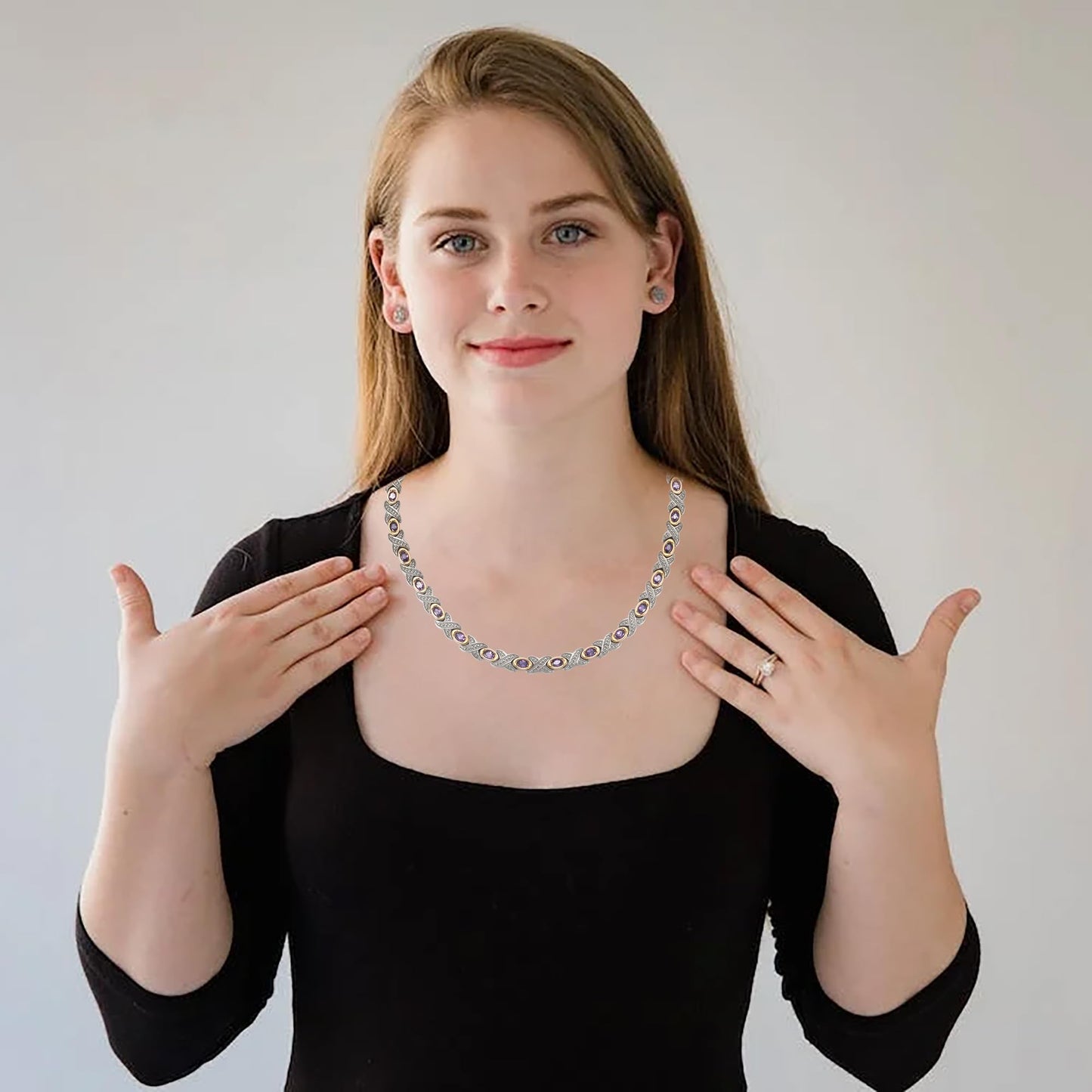 MagsøLv Titanium Magnetic Necklace for Women, Pure Titanium with Purple Stone with 25 Magnets, Magnetic Jewelry Gifts（20.5inch）